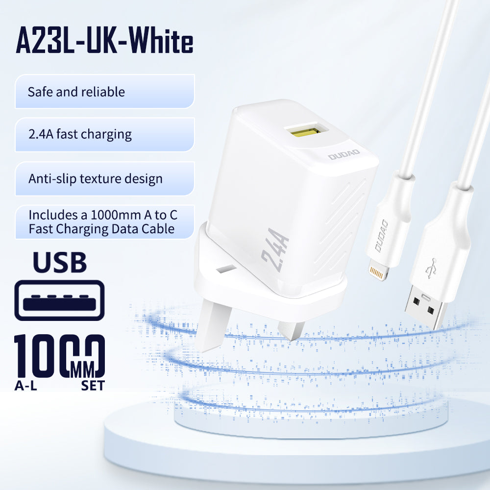 DUDAO A23LUK-W 2.4A LIGHTNING HOME CHARGER 1.2M