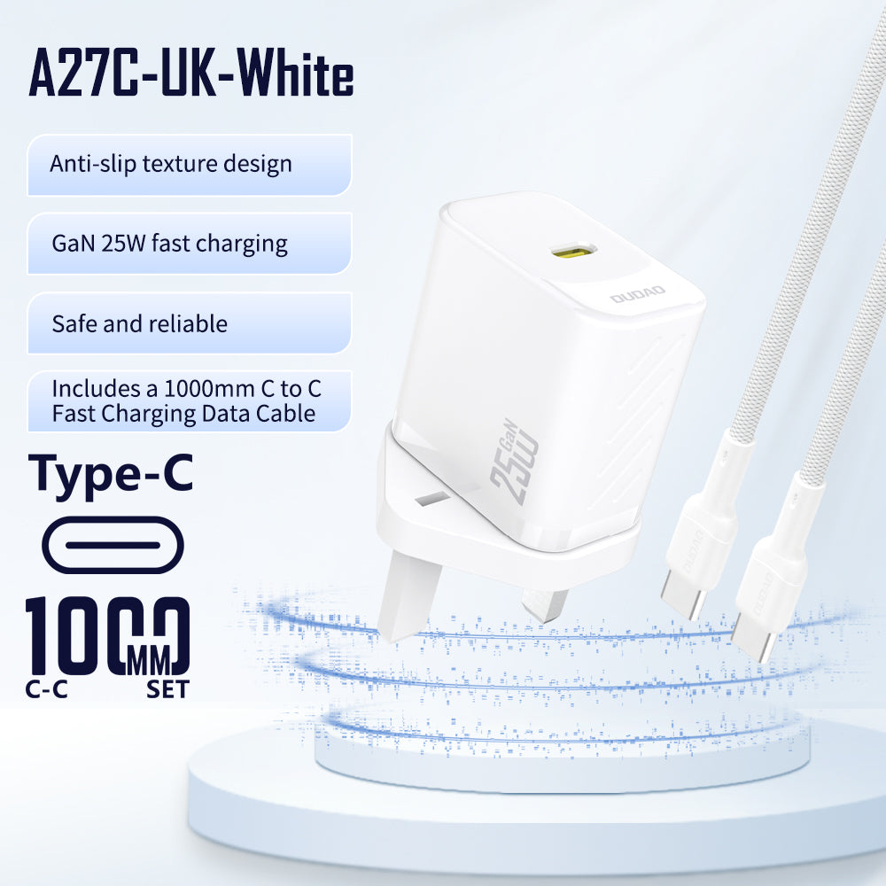 DUDAO A27CUK-W PD25W GAN UK standard charger + type c to type c cable set