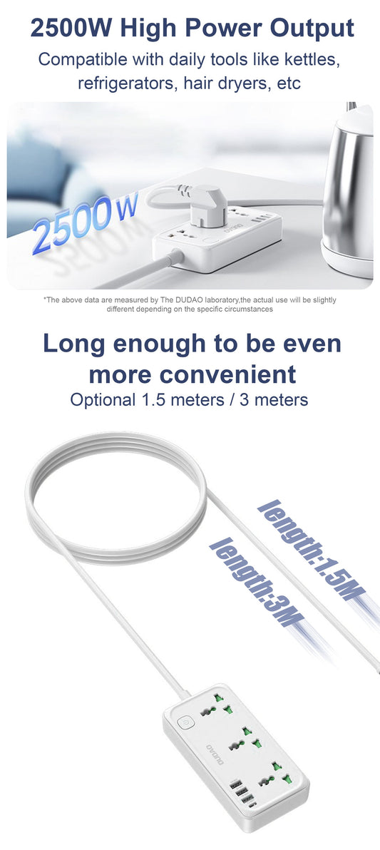 DUDAO C6UK-W1 2500W 7 IN 1 Function Outlet Extender socket USB*3+Type-C*1 1500mm(UK)