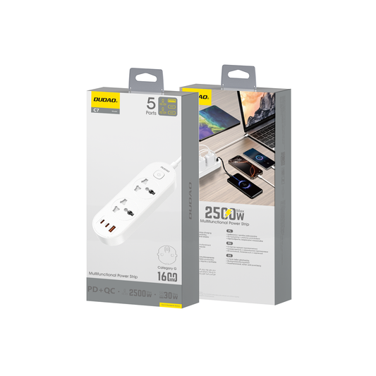 DUDAO C7UK-W1 2500W 5 IN 1 Function Outlet Extender socket USB*1+Type-C*2 1600mm(UK)