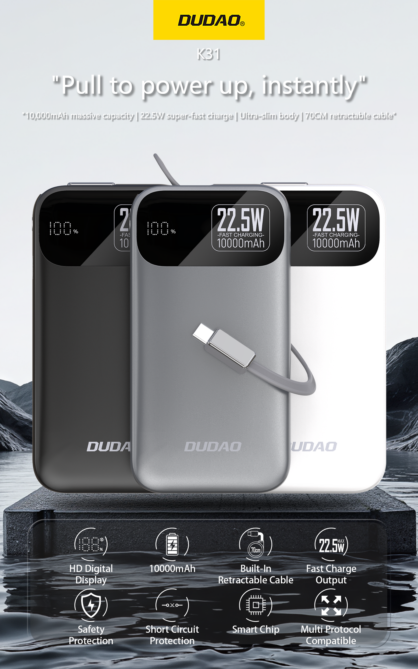 DUDAO K31-B1 PD22.5W built-in retractable cable power bank 10000mAh