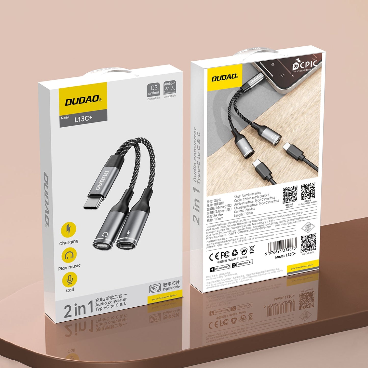 DUDAO L13C+ aluminium alloy + braided cable 2 IN 1 cable Type-C*2