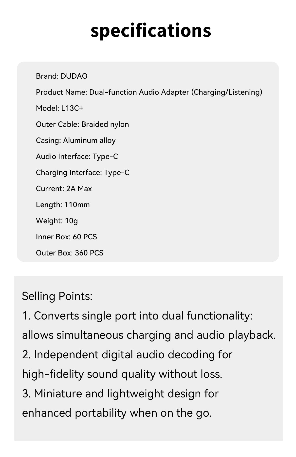 DUDAO L13C+ aluminium alloy + braided cable 2 IN 1 cable Type-C*2