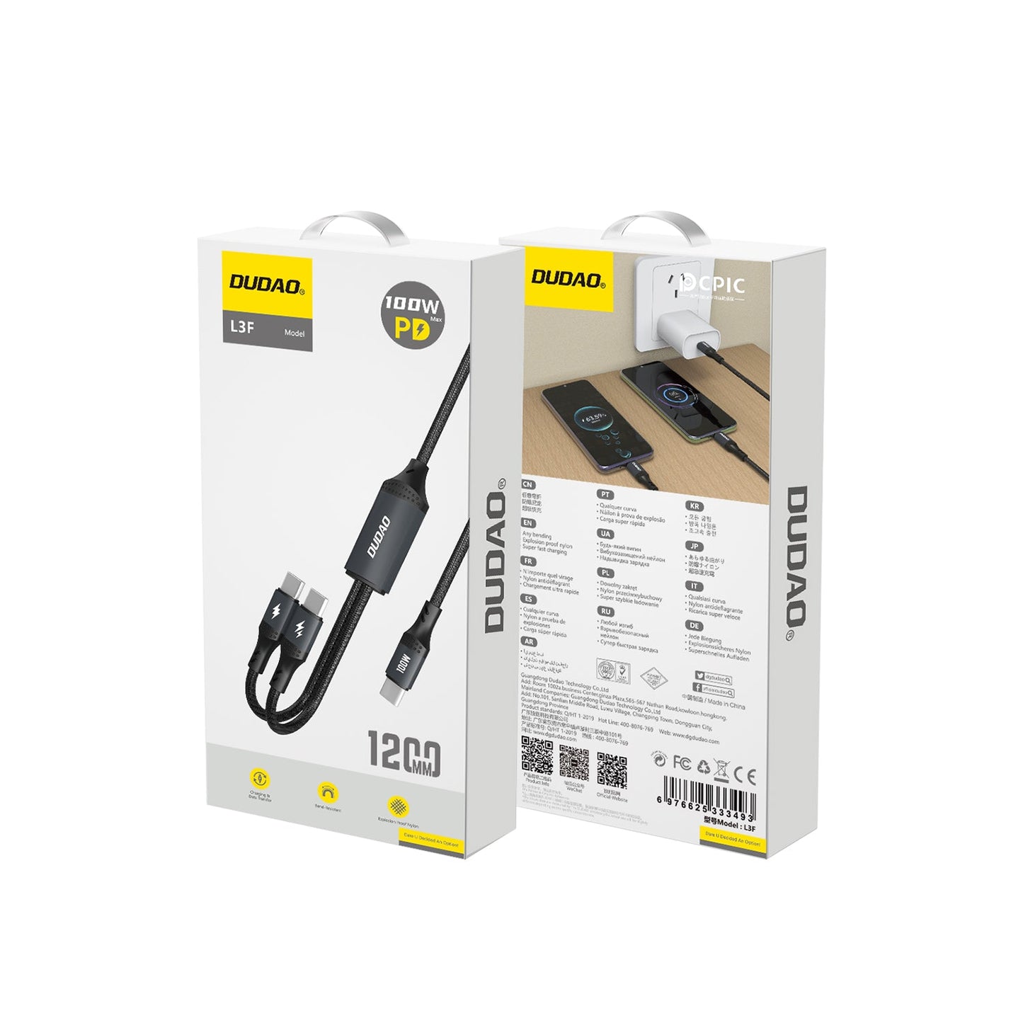 DUDAO L3F 2 IN 1 100W fast charge type c to type c+type c