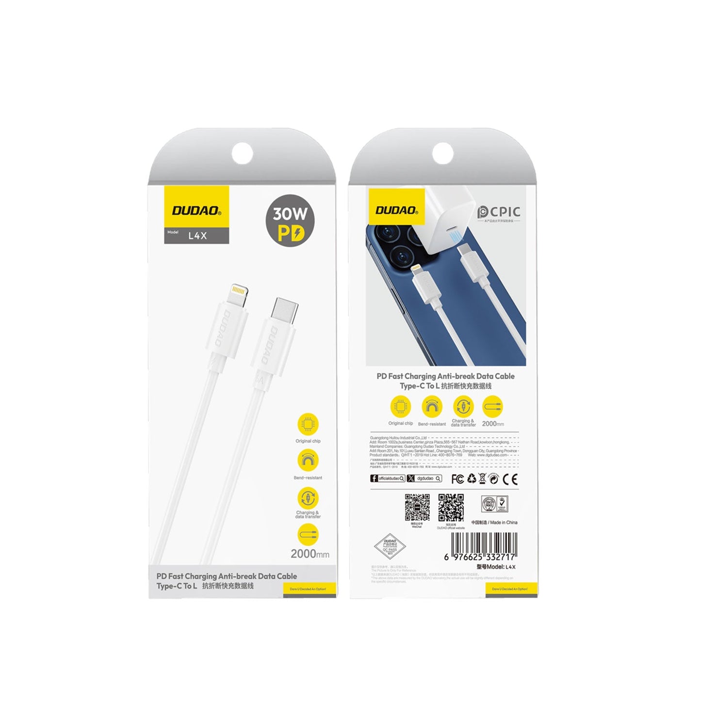 DUDAO L4X-1.2MW 30W PD TYPE-C TO LTG DATA CABLE 1.2M